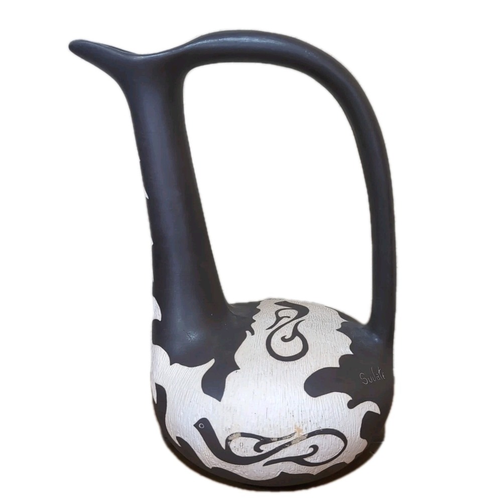 VTG Studio Art Pottery Pitcher Ewer Gray/Black Cream Sgraffito Signed Sujate 11"